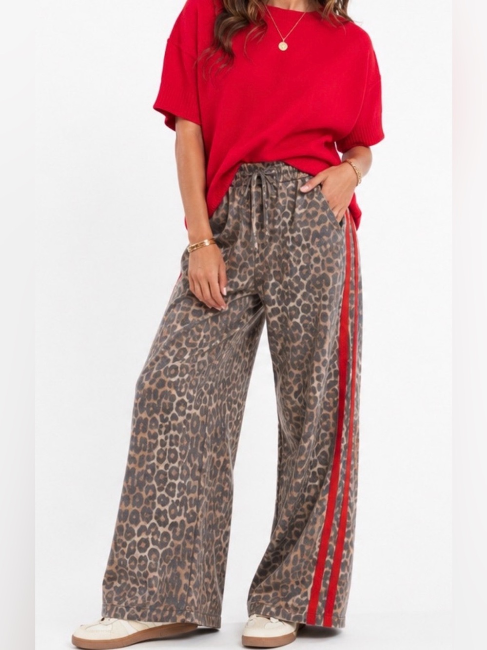 LovLov Wide-Leg Leopard Animal Print Red Side Stripe Relaxed Pants NWT Sz L